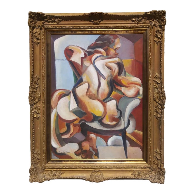 American Artist Muriel Walcoff C. 1930 Seated Nude - Cubist Oil on Board For Sale
