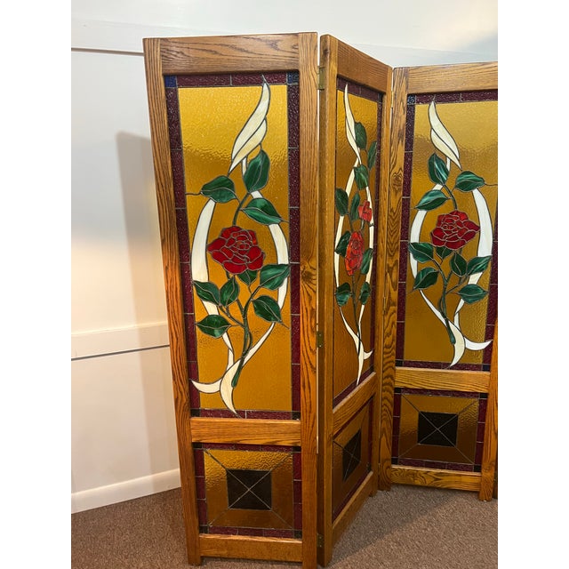 Rose 1970s Stained Glass Oak Framed Rose and Vine Pattern Room Divider For Sale - Image 8 of 9