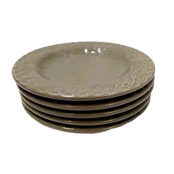 Rustic European Set of 5 Home Grown Riviera Van Beer Stoneware Five 6" Cake Plate Mustard Green Vintage For Sale - Image 3 of 11