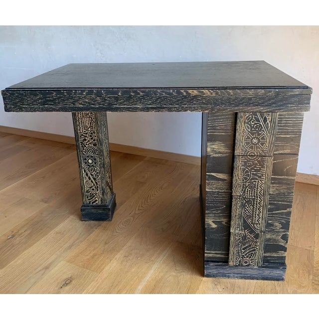 Wood 1940s Mid Century Vintage Bauhaus Arts + Crafts Black Cerused Oak With Stylized Botanical Hand Carved Pillar and Pulls For Sale - Image 7 of 12