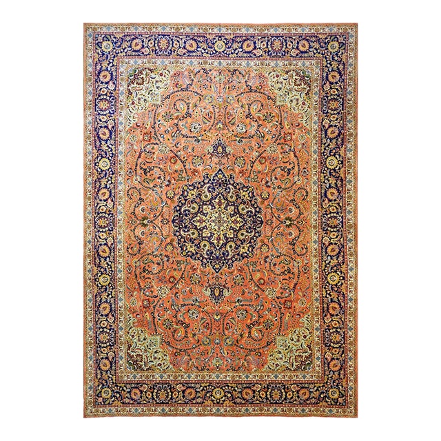 Antique Persian Tabriz Pahlavi Wool 11x17 Orange, Blue & Green Handmade Area Rug #9902606 For Sale