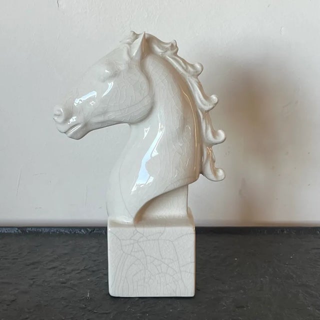Mid-Century Art Deco Ceramic Horse Head Bust with White Craze Glaze Decorative object or bookend (book-end). Measures...