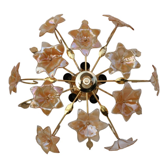 Vintage Murano Ceiling Light Orange Iridescent Flowers, 1960s For Sale