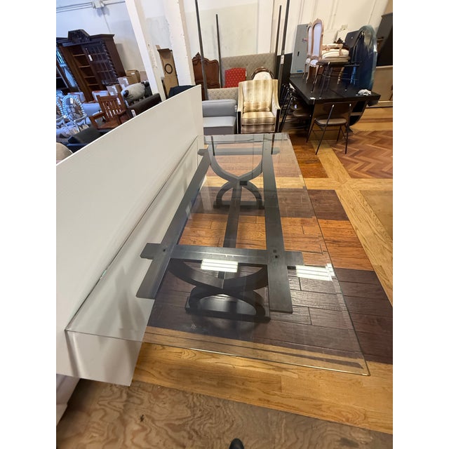 Contemporary Sculptural Trestle Wood + Glass Dining Table For Sale - Image 9 of 12