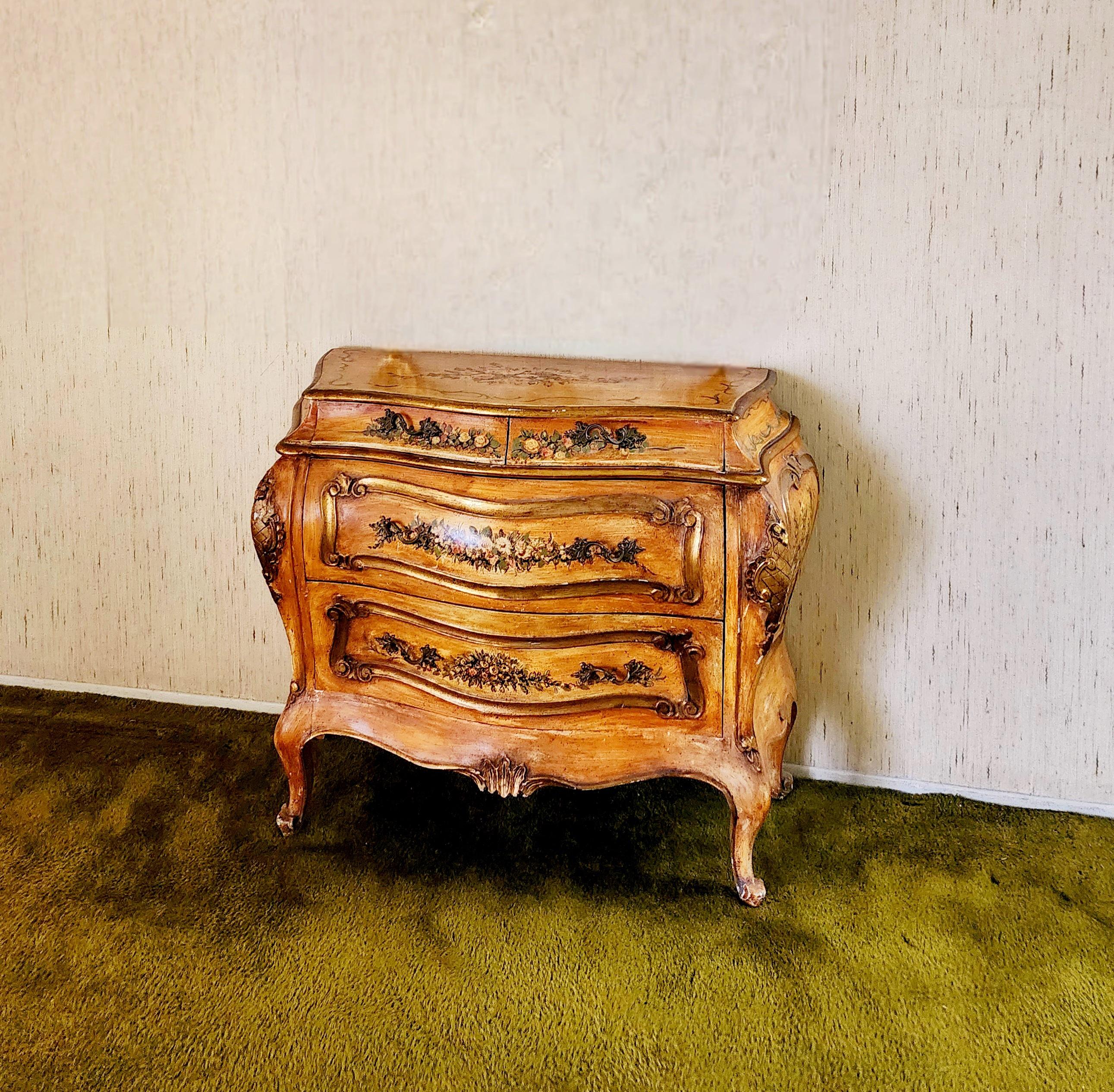 1990s Rustic Italian Hand Painted Floral Tole Bombay Chest of