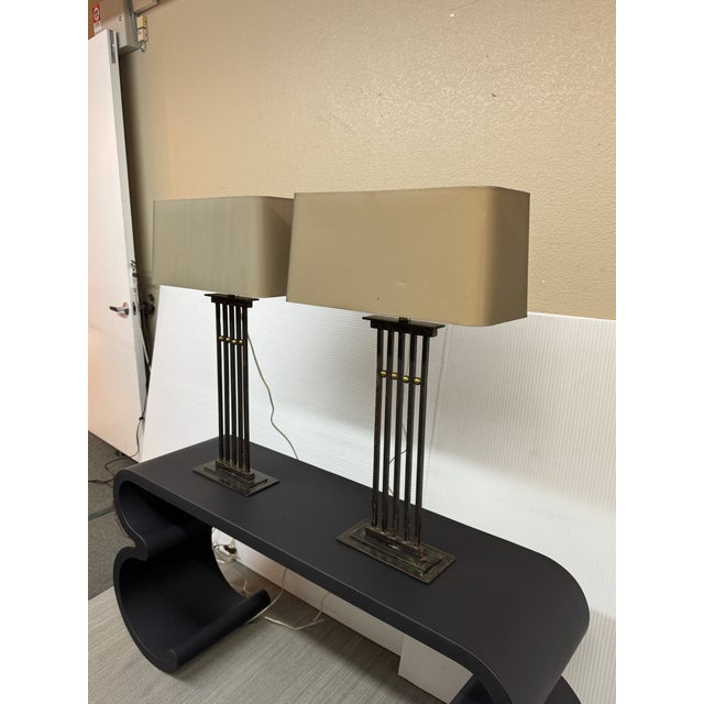 Mission Late 20th Century Tanner Kenzie Sculpted Iron Craftsman Table Lamps, Pair For Sale - Image 3 of 12