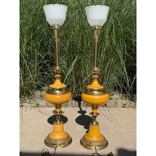 Brass 1970s Stiffel Torch Table Lamps, Brass and Enamel- A Pair For Sale - Image 8 of 12