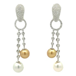 11mm South Sea Pearl Diamond 18k White Gold Huggie Drop Dangle Earrings, A Pair For Sale