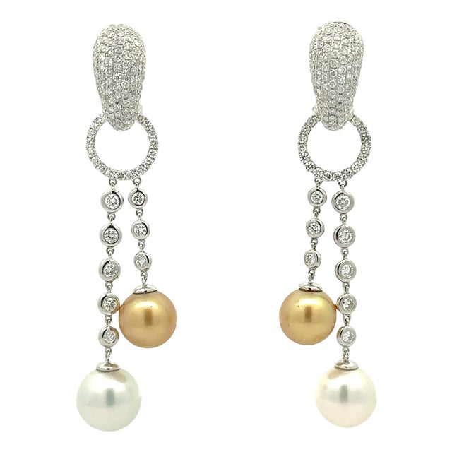 11mm South Sea Pearl Diamond 18k White Gold Huggie Drop Dangle Earrings, A Pair For Sale