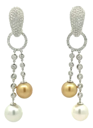 11mm South Sea Pearl Diamond 18k White Gold Huggie Drop Dangle Earrings, A Pair