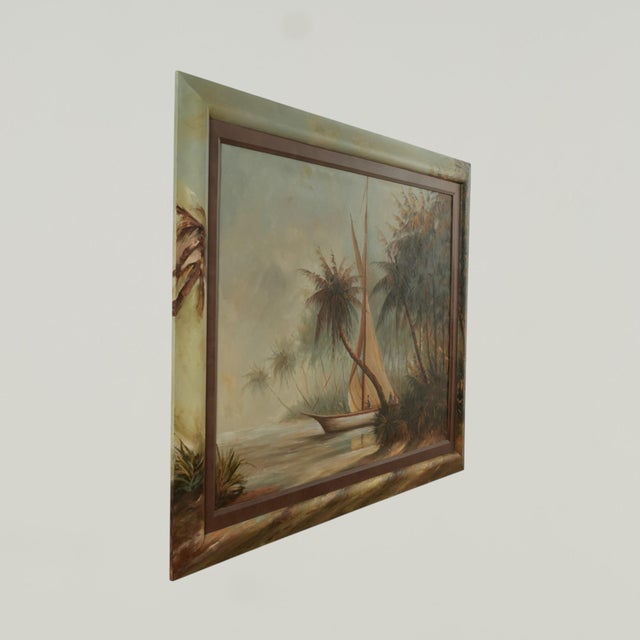 Large Tropical Painting of a Boat With Palm Trees For Sale - Image 11 of 13
