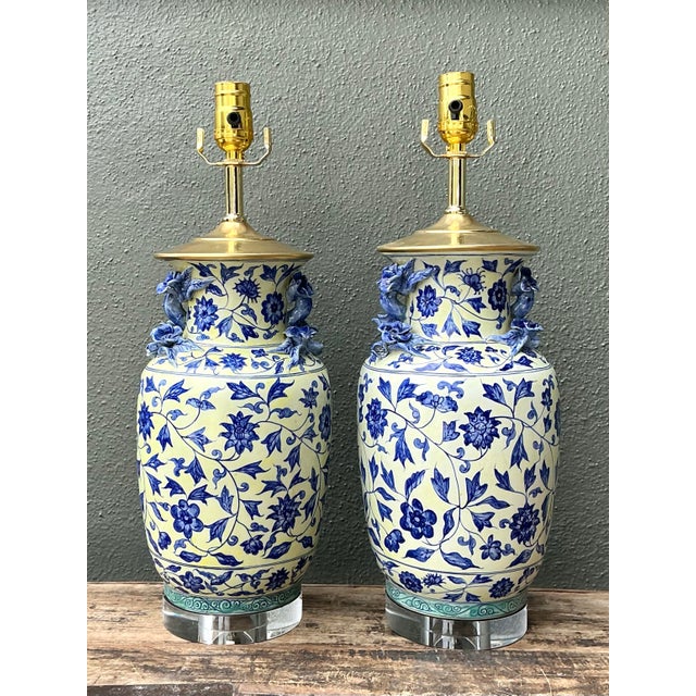 Vintage Asian Blue and White Floral Lamps - A Pair For Sale - Image 10 of 12