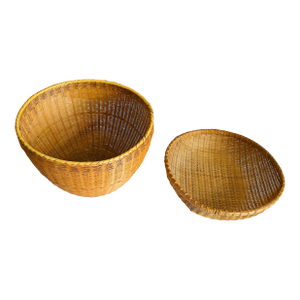 1960s Two Large Reed Wicker Handwoven Baskets / Lampshades