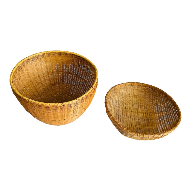 1960s Two Large Reed Wicker Wiven Baskets Set For Sale