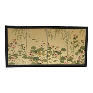 1950 Showa Period Four-Panel Japanese Byobu Folding Screen of Lilly Pads and Flamingos For Sale