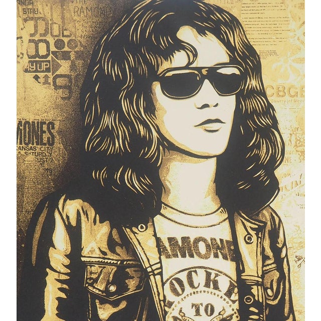 Modern Shepard Fairey (Obey), Tommy Ramone Collage (Gold), Original Signed Screenprint For Sale - Image 3 of 6