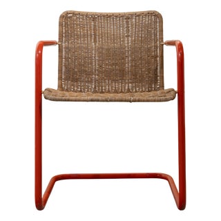 Mid-Century French Orange Polychrome Tubular Steel Chair with Rush Seat, 1950s For Sale