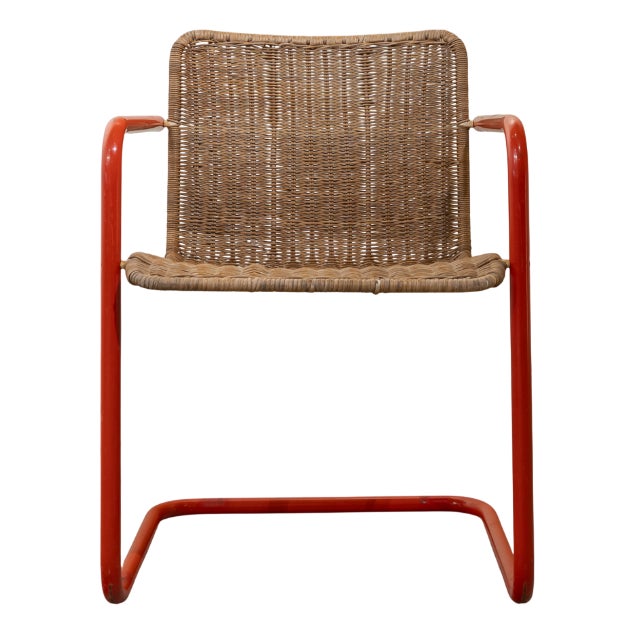 Mid-Century French Orange Polychrome Tubular Steel Chair with Rush Seat, 1950s For Sale