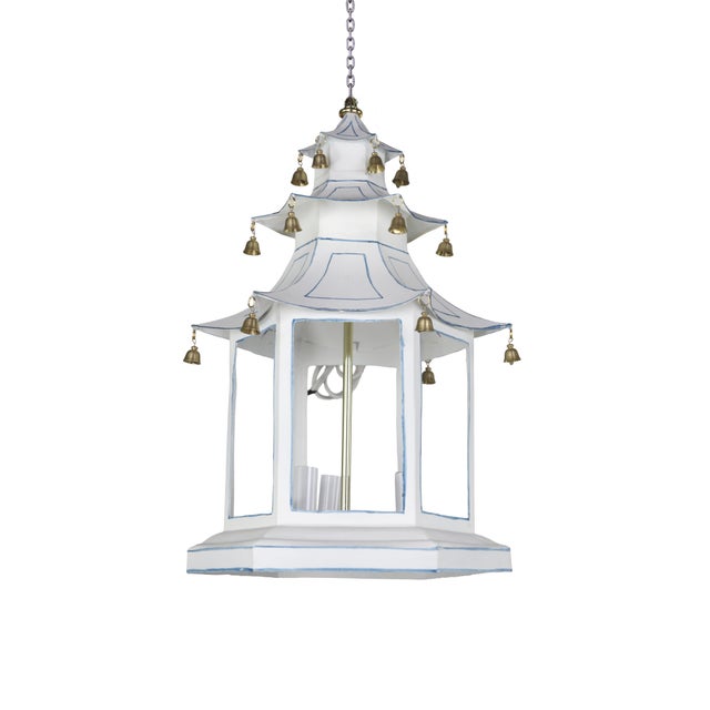 A Three-Tiered Pagoda-Topped Lantern Chandelier Adorned With Blue Details and Gold Hanging Bells. For Sale - Image 9 of 9