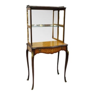 Antique French Louis XV Style Petite Curio Etagere With Satinwood Inlay & Mirror For Sale