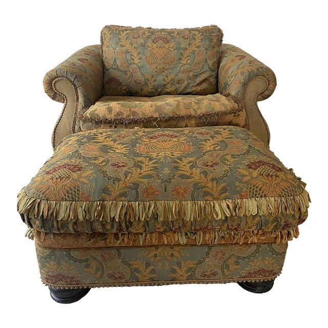Late 20th Century Exquisite Carol Hicks Bolton for Ej Victor Large Chair-and-a-Half and Ottoman Mint Condition For Sale