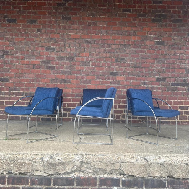 Postmodern Milo Baughman Thayer Coggin Chrome Dining Chairs Recovered in a Blue Sparkly Fabric. For Sale - Image 3 of 10