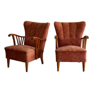 Vintage Swedish Modern Floral Armchairs - A Pair For Sale