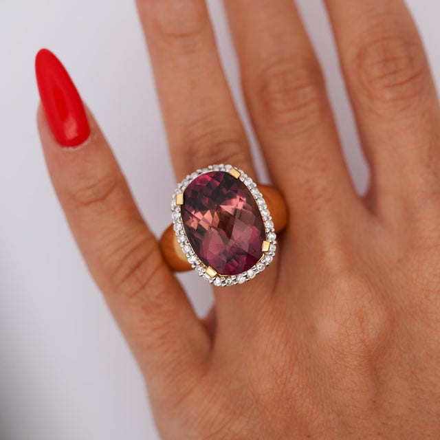 18.75 Carat Cushion Cut Pink Tourmaline & Diamond Halo Set 18k Yellow Gold Ring, Size 8 For Sale - Image 11 of 11