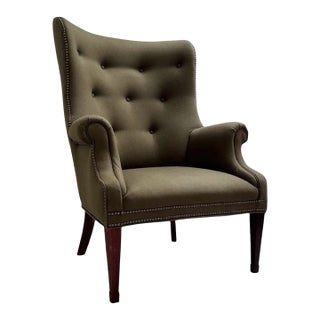 Early 2000s Hickory Chair Isaac Wing Chair in Olive Wool Felt Upholstery For Sale