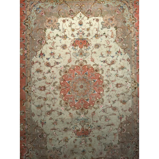 Tabriz Rug, Hand-Knotted Wool & Silk, Fine Floral Pattern, Ivory & Salmon, 7x10 For Sale - Image 10 of 17