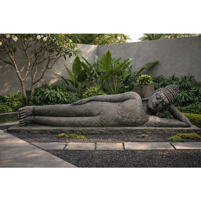 Asian Vintage Sleeping Buddha Stone Garden Statue For Sale - Image 3 of 5