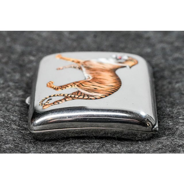 Fierce Hand Painted Enamel Tiger Antique Sterling Silver Luxury Cigarette Case Holder Tobacciana For Sale - Image 17 of 18