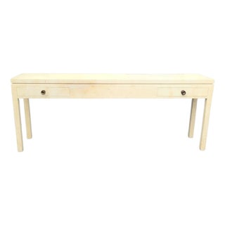 Vintage Extra Long Post Modern Parson Leg Parchment Faux Goat Skin Off White 2 Drawer Console Table by Trouvailles For Sale