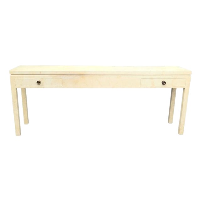 Vintage Extra Long Post Modern Parson Leg Parchment Faux Goat Skin Off White 2 Drawer Console Table by Trouvailles For Sale