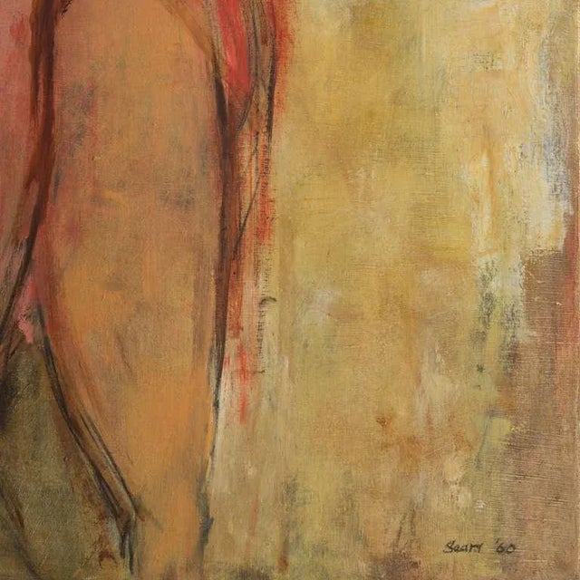 A substantial, Expressionist style figural oil showing a view of a partially-draped woman standing beside a dressing-table...