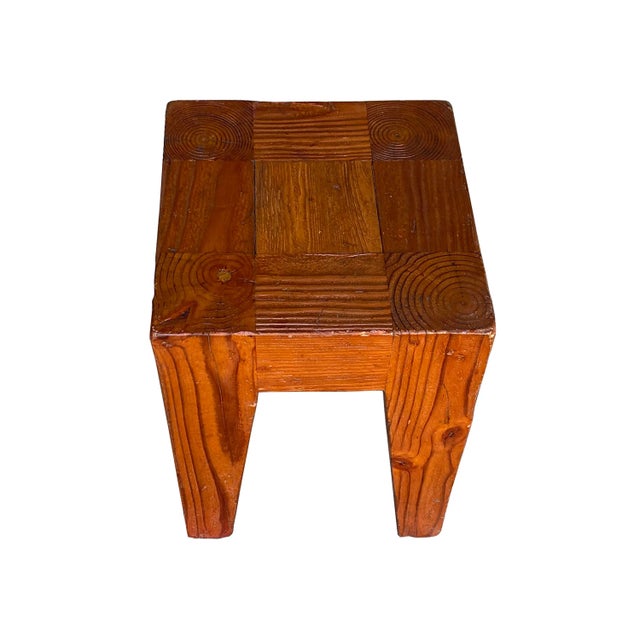 Natural Raw Blocky Wood Rough Pattern Bold Square Stool Table Bench For Sale In San Francisco - Image 6 of 8
