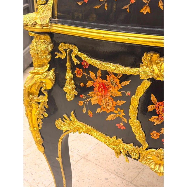 Museum Quality Rococo Marquetry Secretary Black & Gold Writing Bureau For Sale - Image 9 of 10