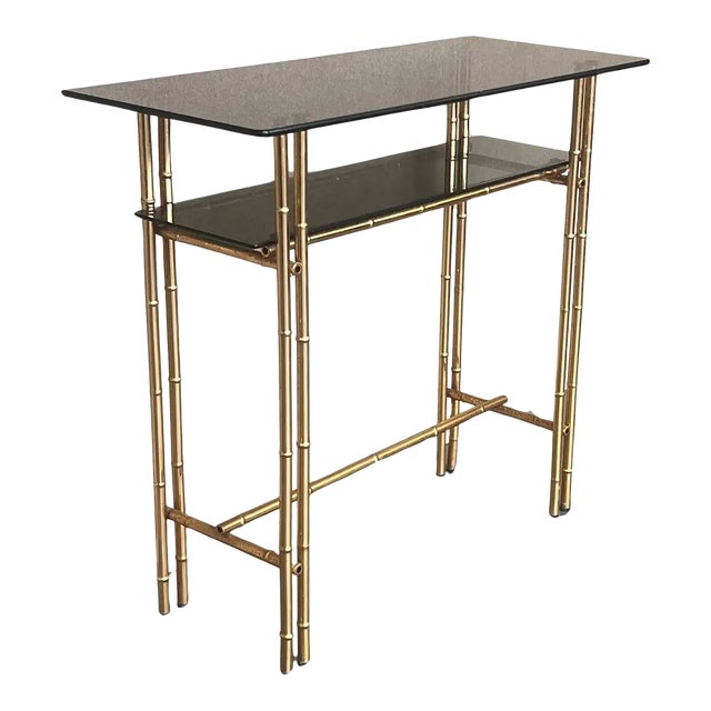 Mid-Century Modern Italian Faux Bamboo Gilt Metal Console With Smoked Glass For Sale