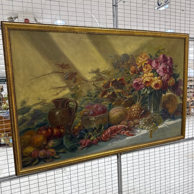 Beautiful vintage/antique-style still life oil painting featuring an abundant arrangement of colorful flowers, fruit,...