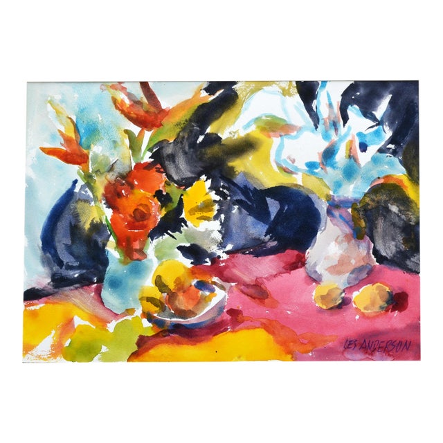 Vintage Floral Still Life with Red Table Watercolor Painting by Les Anderson For Sale