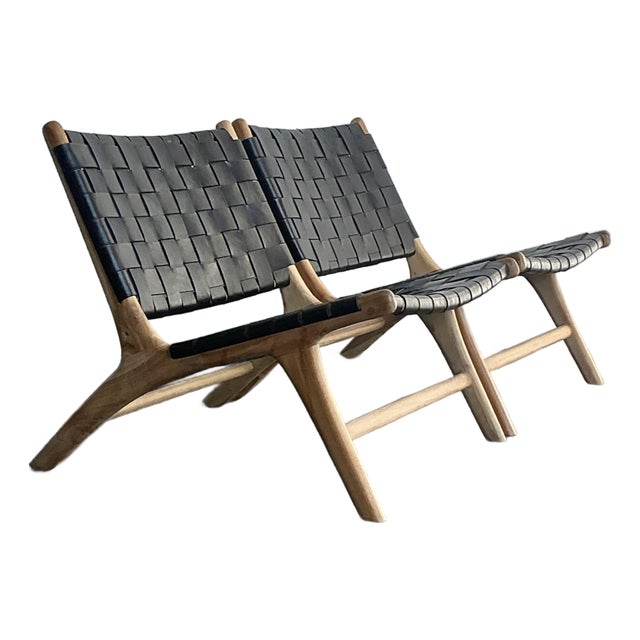 Vintage Boho Woven Leather Lounge Chairs - A Pair For Sale