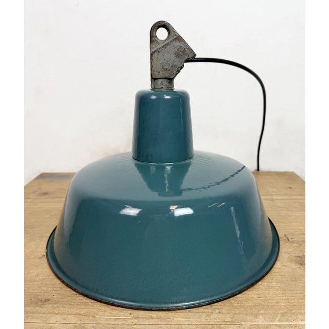 Industrial Petrol Enamel Factory Lamp with Cast Iron Top, 1960s For Sale - Image 14 of 18
