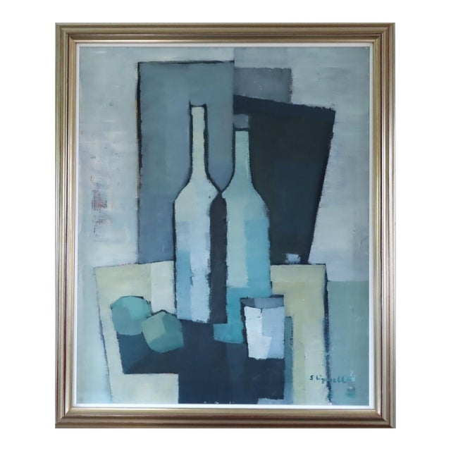 Mid-Century Modern 'Bottles in Blue Geometry' Vintage Swedish Cubist Still Life Oil Painting, Framed For Sale