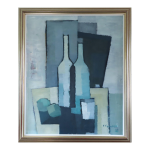 Mid-Century Modern 'Bottles in Blue Geometry' Vintage Swedish Cubist Still Life Oil Painting, Framed