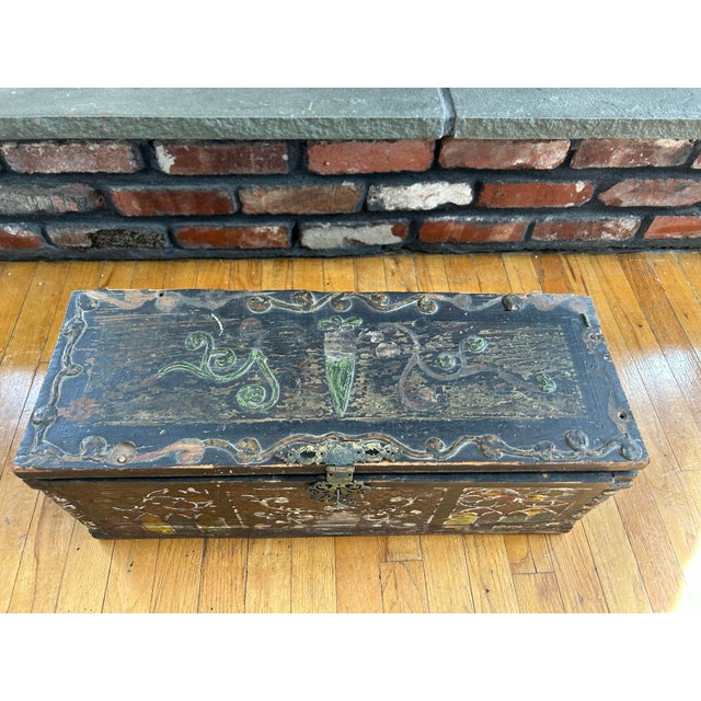 Antique Wooden Hand-Painted Chest Dowry, Marriage Box, Rustic For Sale - Image 4 of 12