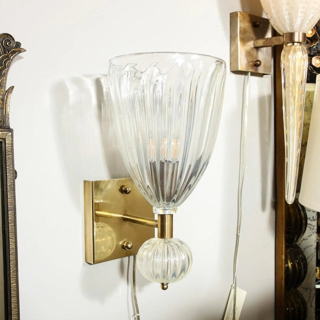 Contemporary Modernist Brass & Handblown Iridescent Murano Glass Sconces With Orbital Drop - a Pair For Sale - Image 10 of 13
