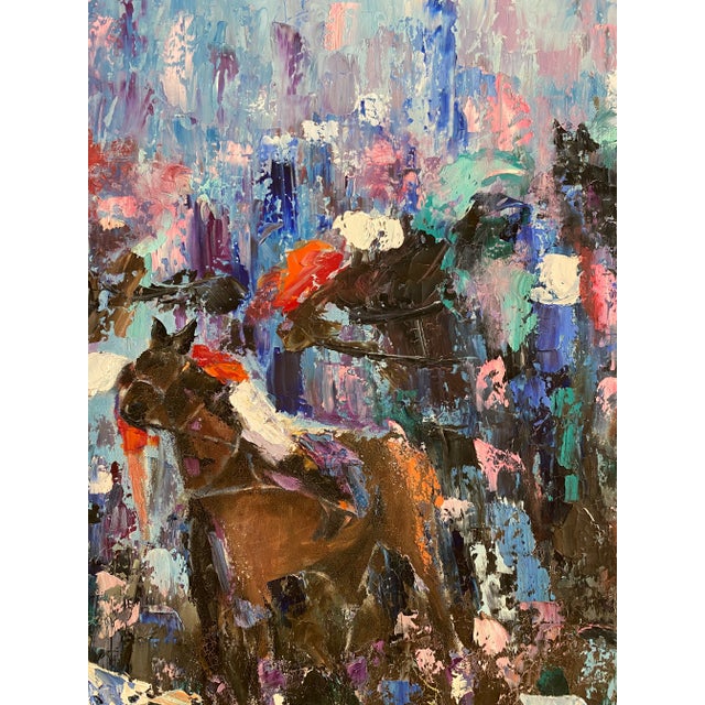 Blue Oil on Canvas Painting Depicting a Horse Race, Signed For Sale - Image 8 of 8