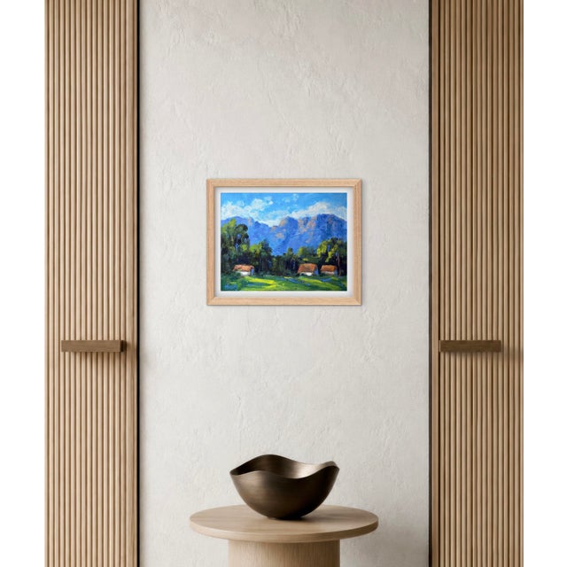 Green Three Cottages Beneath the Santa Ynez Mountains, Original Oil Painting For Sale - Image 8 of 10