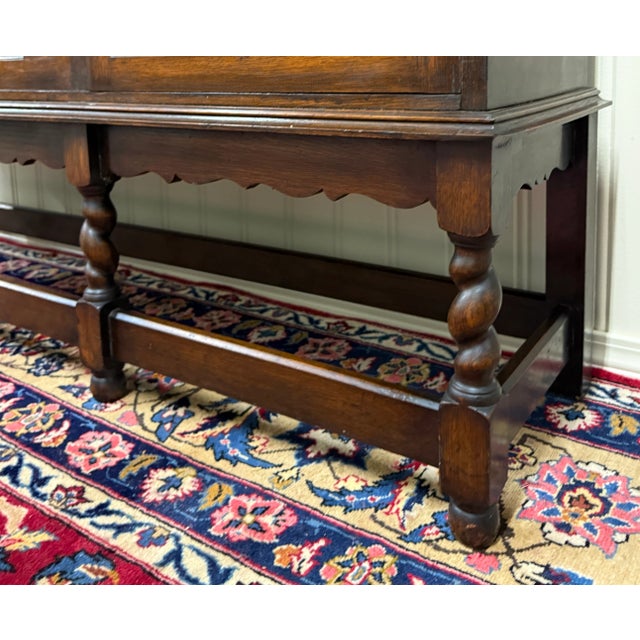 Antique English Jacobean Bookcase Bookshelf Cabinet Barley Twist Wavy Glass Oak For Sale - Image 15 of 18