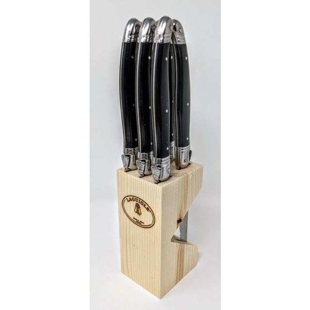 French Modern Jean Dubost Laguiole Handmade Stainless Steel and Ebony Black Resin Steak Knives - Set of 6 For Sale - Image 12 of 13